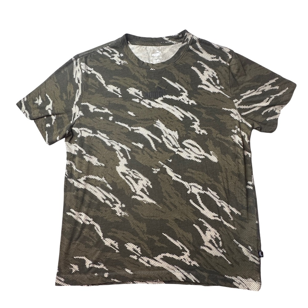 Puma T-Shirt Mens L Green Camo Tiger Stripe Graphic Embroidered Logo Cotton Tee